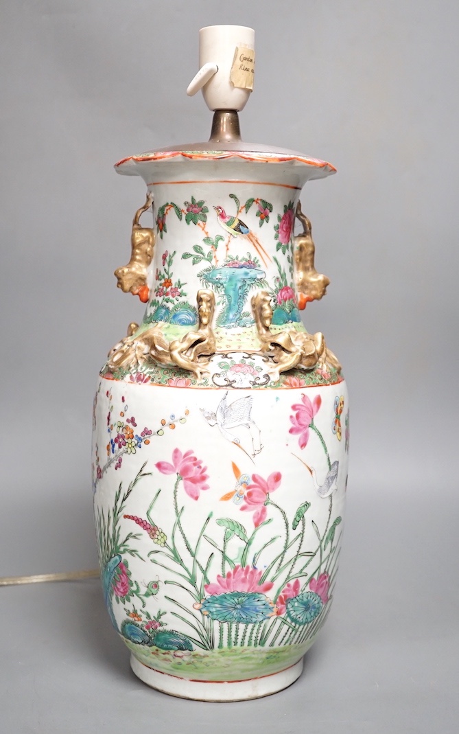 A 19th century Chinese famille rose porcelain vase mounted as a table lamp 35cm
